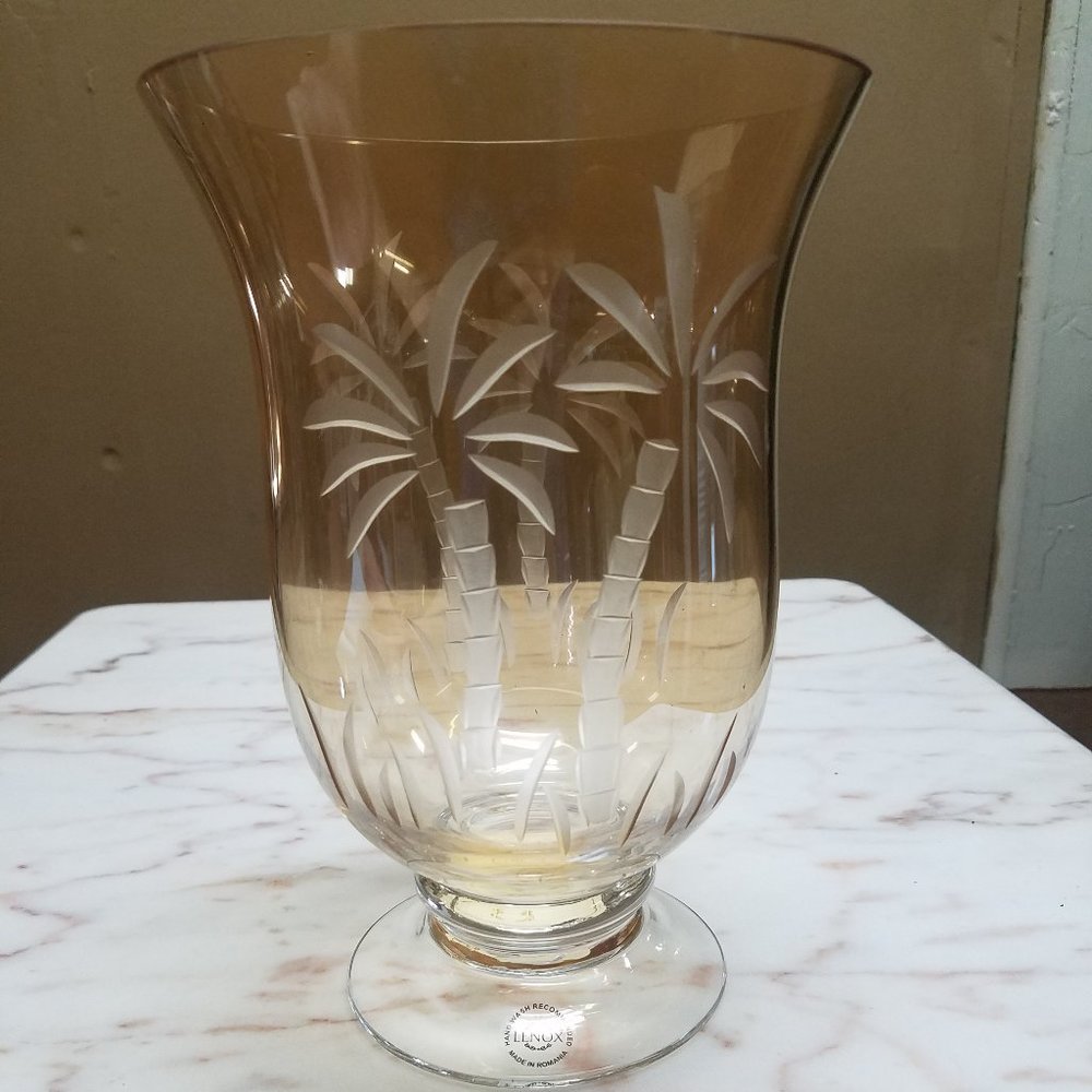 Lenox 9" British Colonial Etched Glass Palm Trees Hurricane Lamp- Amber